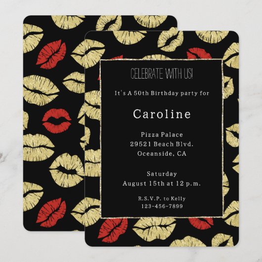 Rode zwarte gouden lippen 50e verjaardag kaart (Voorkant / Achterkant)