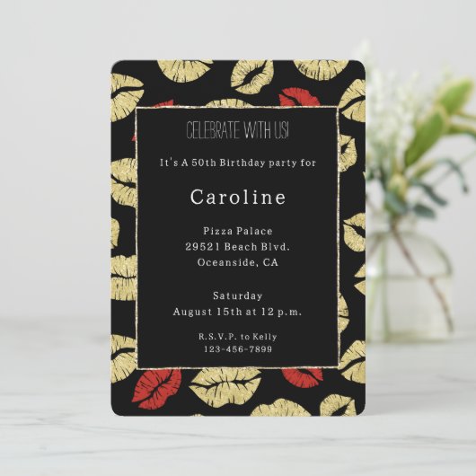 Rode zwarte gouden lippen 50e verjaardag kaart (Staand voorkant)