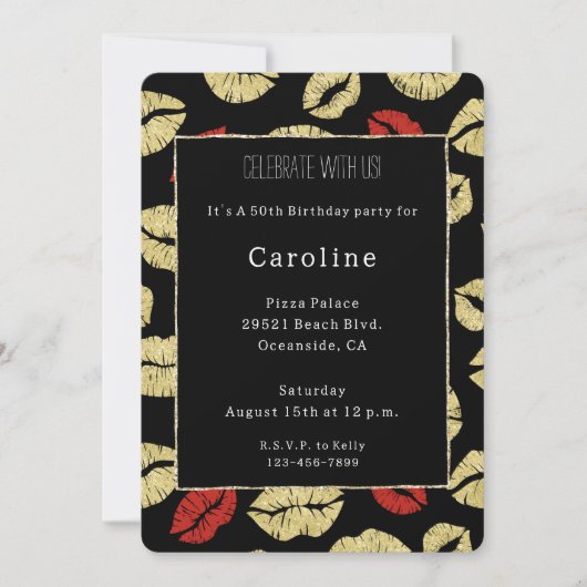 Rode zwarte gouden lippen 50e verjaardag kaart (Voorkant)