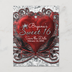 Rode & Zwarte Hart Folie Look Sweet 16 Bewaar de D Aankondigingskaart