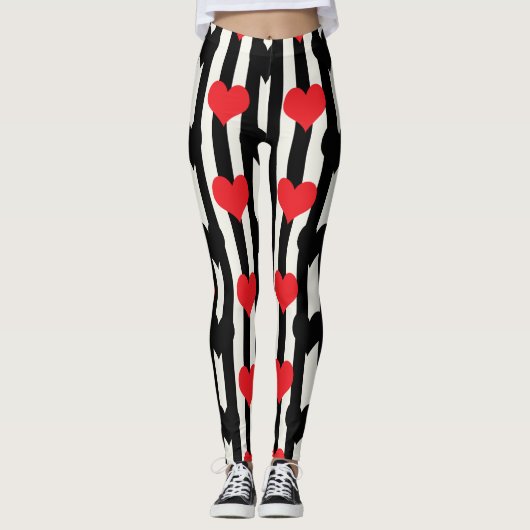 Rode zwarte harten op zwarte witte strepen leggings (Voorkant)