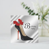Rode zwarte hoge hak schoen verjaardagsfeestje kaart (Staand voorkant)