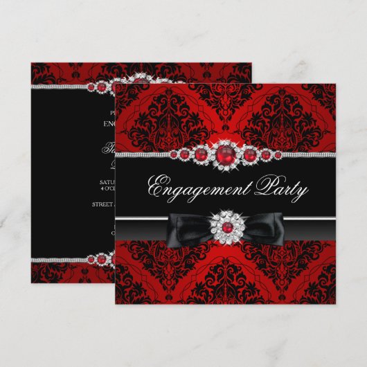 Rode & Zwarte Juweel Damast Verlovingsfeest Uitnod Kaart (Voorkant / Achterkant)