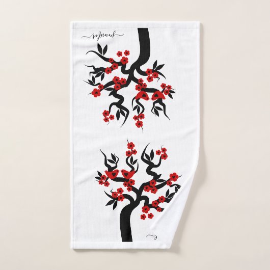 Rode zwarte liefdesvogels sakura cherry tree, bloe bad handdoek (Handdoek)