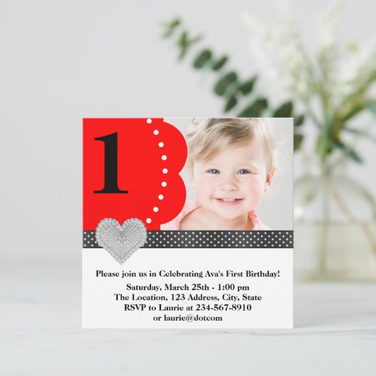 Rode Zwarte Meisjes Foto 1e Verjaardagsfeest Kaart (Staand voorkant)