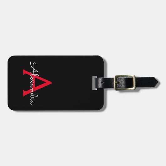 Rode Zwarte Meisjesachtige Script Monogram Naam Mo Bagagelabel (Voorkant horizontaal)