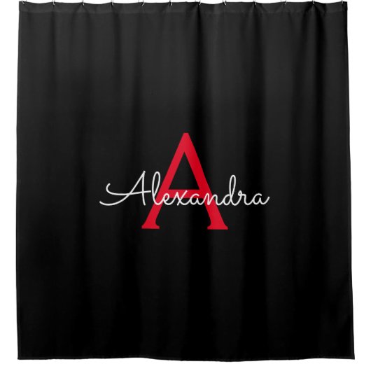 Rode Zwarte Meisjesachtige Script Monogram Naam Mo Douchegordijn (Voorkant)
