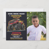 Rode Zwarte Monster Truck Geboortekaartjes Foto Kaart (Voorkant)