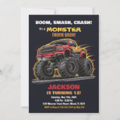 Rode Zwarte Monster Truck Verjaardag Uitnodigingen (Voorkant)