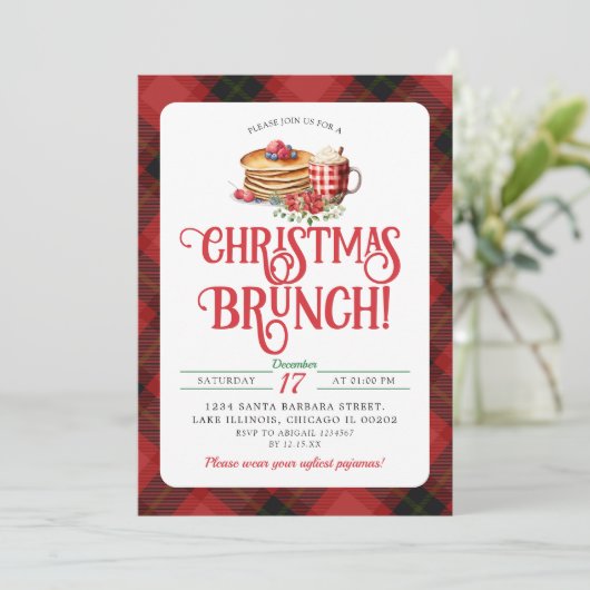 Rode Zwarte Plaid Pannenkoek Hot Cocoa Kerstbrunch Kaart (Staand voorkant)