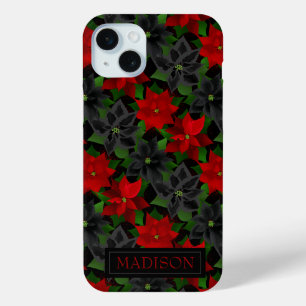 Rode zwarte poinsettia kerst iPhone 15 mini hoesje
