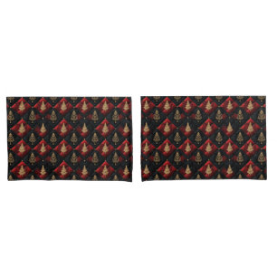 Rode Zwarte Quilt Vierkanten Gouden Kerstbomen Kussensloop
