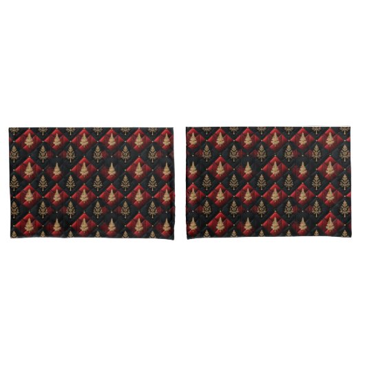 Rode Zwarte Quilt Vierkanten Gouden Kerstbomen Kussensloop (Voorkant-Set)