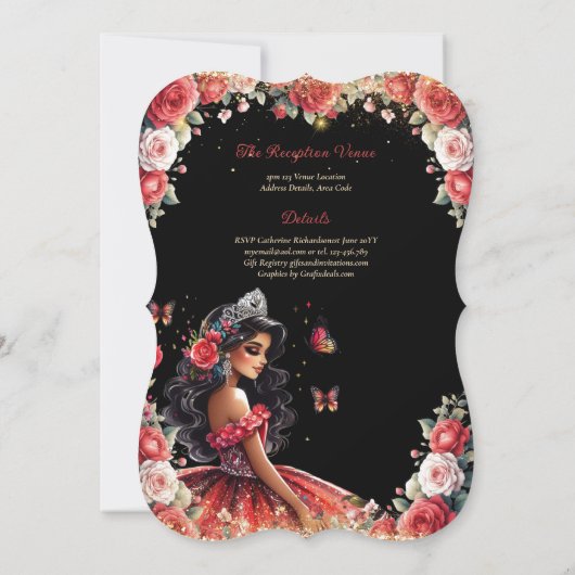 Rode zwarte Quinceanera-jurk bloemen vlinders Kaart (Achterkant)