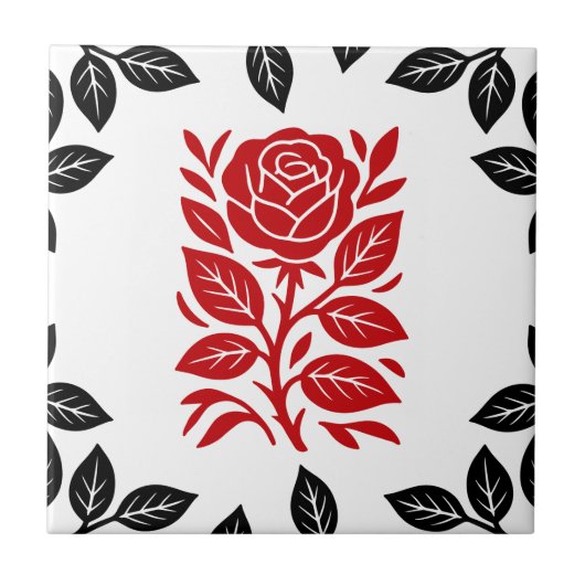 Rode & Zwarte Roos Bloem Moderne Minimaal Glam Tegeltje (Voorkant)