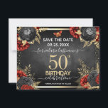 Rode Zwarte Rozen 50e Verjaardag Save the Date Briefkaart<br><div class="desc">Rode rozen,  namaak goudkleurige bladeren,  kleine rode en gouden vlinder. Elegant bloemontwerp voor verjaardagsviering elk jaar. Gemakkelijk aan te passen met sjabloon. Prachtig save the date verjaardagssjabloon ontwerp.</div>