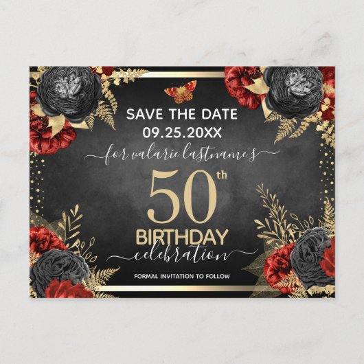 Rode Zwarte Rozen 50ste Verjaardag Save the Date Briefkaart (Voorkant)