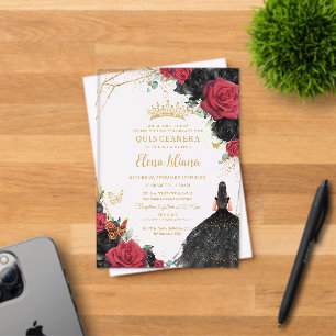 Rode Zwarte Rozen Bloem Jurk Gouden Quinceañera XV Acryl Uitnodigingen