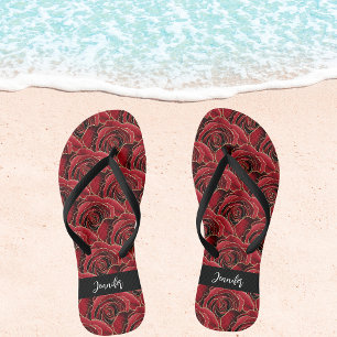 Rode zwarte rozen, bloemen, naam script teenslippers