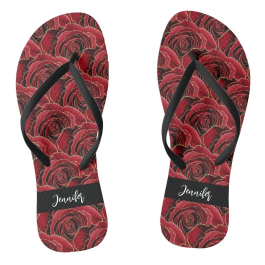 Rode zwarte rozen, bloemen, naam script teenslippers (Voetbed)