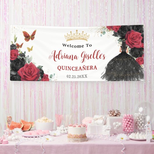 Rode Zwarte Rozen Bloemenvlinders Quinceañera 15 Spandoek (Feest)