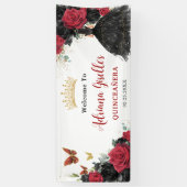 Rode Zwarte Rozen Bloemenvlinders Quinceañera 15 Spandoek (Verticaal)