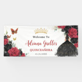 Rode Zwarte Rozen Bloemenvlinders Quinceañera 15 Spandoek (Horizontaal)