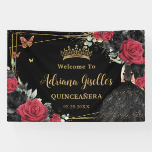 Rode Zwarte Rozen Bloemenvlinders Quinceañera 16 Spandoek