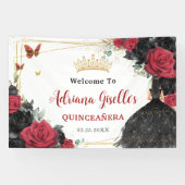 Rode Zwarte Rozen Bloemenvlinders Quinceañera XV Spandoek (Horizontaal)