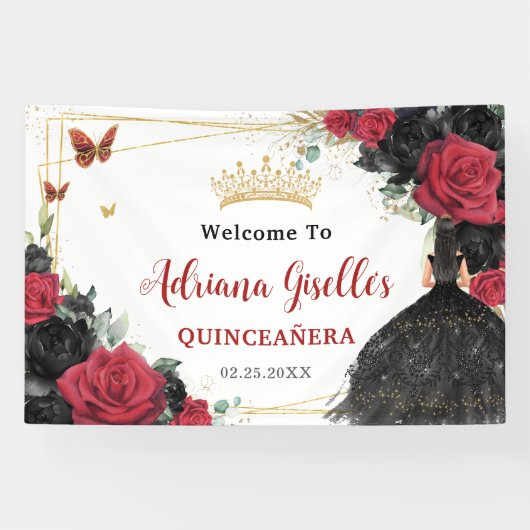 Rode Zwarte Rozen Bloemenvlinders Quinceañera XV Spandoek (Horizontaal)