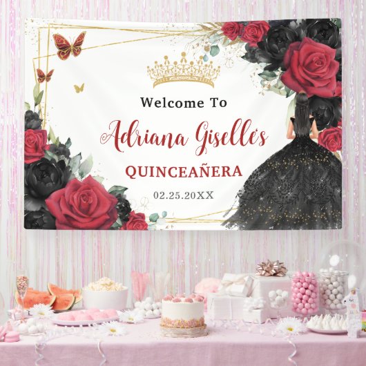 Rode Zwarte Rozen Bloemenvlinders Quinceañera XV Spandoek (Feest)