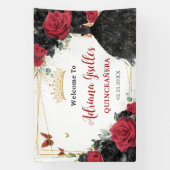 Rode Zwarte Rozen Bloemenvlinders Quinceañera XV Spandoek (Verticaal)