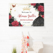 Rode Zwarte Rozen Bloemenvlinders Quinceañera XV Spandoek (Insitu)