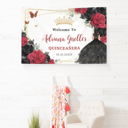 Rode Zwarte Rozen Bloemenvlinders Quinceañera XV Spandoek (Insitu)