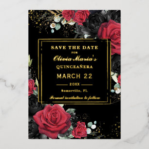 Rode Zwarte Rozen Bloemige Quinceanera Save the Da Folie Uitnodiging