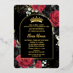 Rode Zwarte Rozen Bloemige Quinceanera Sweet 16 Bo Folie Uitnodiging