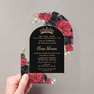 Rode Zwarte Rozen Bloemstuk Quinceanera Sweet 16 B Acryl Uitnodigingen