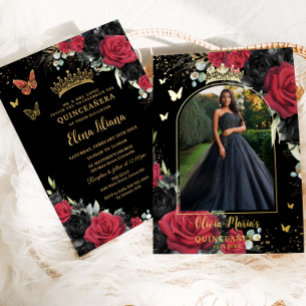 Rode Zwarte Rozen Bloemstuk Quinceañera Sweet 16 F Folie Uitnodiging