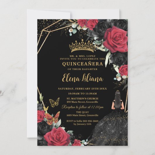 Rode zwarte Rozen Floral Dress Gold Quinceañera XV Kaart (Voorkant)