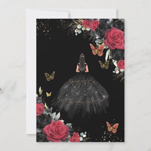 Rode zwarte Rozen Floral Dress Gold Quinceañera XV Kaart (Achterkant)