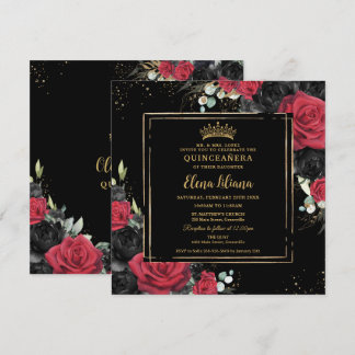 Rode Zwarte Rozen Floral Gold Quinceanera Sweet 16 Kaart
