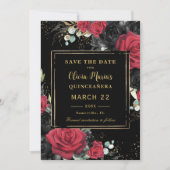 Rode Zwarte Rozen Floral Gold Quinceanera Sweet 16 Save The Date (Voorkant)