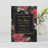 Rode Zwarte Rozen Floral Gold Quinceanera Sweet 16 Save The Date (Staand voorkant)