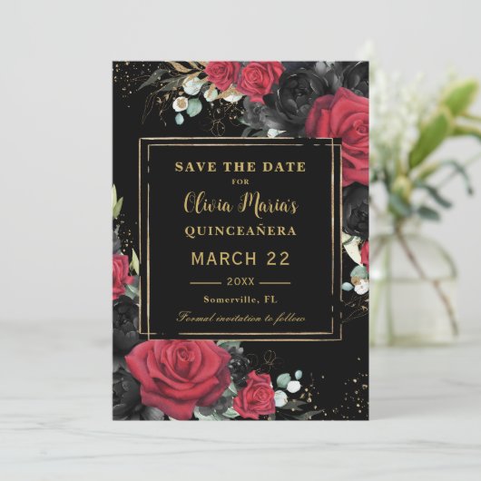 Rode Zwarte Rozen Floral Gold Quinceanera Sweet 16 Save The Date (Staand voorkant)