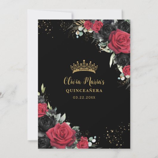 Rode Zwarte Rozen Floral Gold Quinceanera Sweet 16 Save The Date (Achterkant)