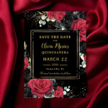 Rode Zwarte Rozen Floral Gold Quinceanera Sweet 16 Save The Date<br><div class="desc">Personaliseer deze elegante Quinceanera / Sweet 16 Birthday en sla de datum gemakkelijk en snel op. Klik op de knop Bewerken met ontwerpgereedschappen om de tekst te bewerken, lettertypen en lettertypekleuren te wijzigen. Met prachtige levendige rode en zwarte rozen bloemen tegen een donkerzwarte achtergrond. Ook beschikbaar in een digitale instant...</div>