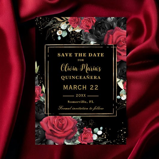 Rode Zwarte Rozen Floral Gold Quinceanera Sweet 16 Save The Date