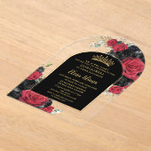 Rode zwarte Rozen Floral Quinceanera Sweet 16 Arch Acryl Uitnodigingen (Laagn)