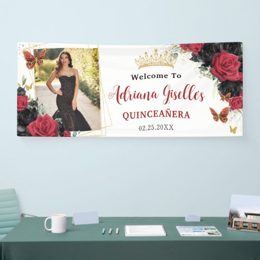 Rode zwarte Rozen Floral Quinceañera Sweet 16 Foto Spandoek (Beurs)