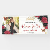Rode zwarte Rozen Floral Quinceañera Sweet 16 Foto Spandoek (Horizontaal)